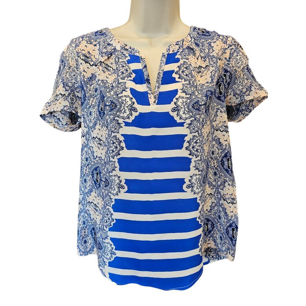 Maeve Archivist Blue Floral Stripe Silk Top Shirt Blouse XS EUC cottagecore